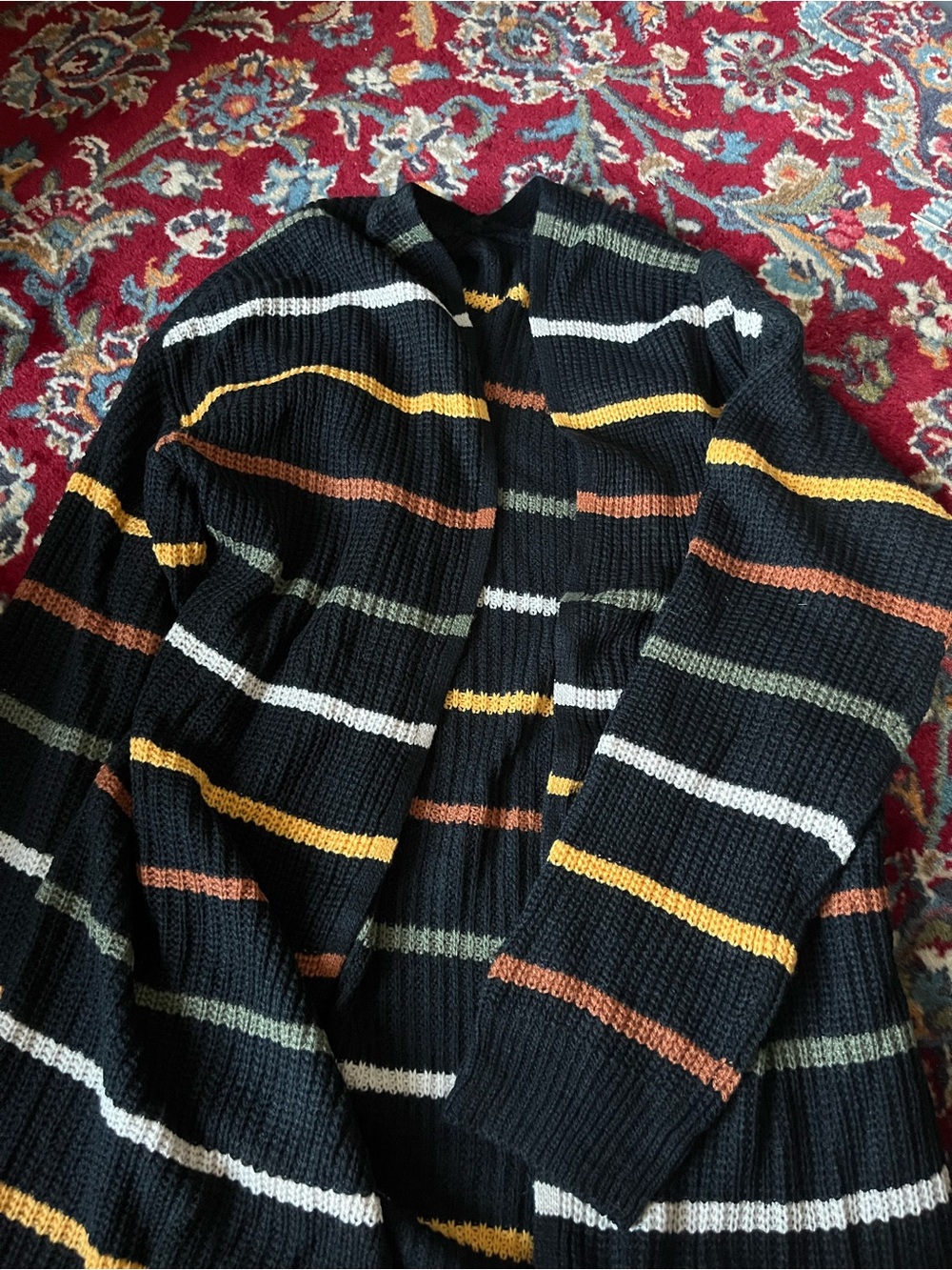Black Striped Women’s Open-Front Cardigan with Mustard and Olive Accents